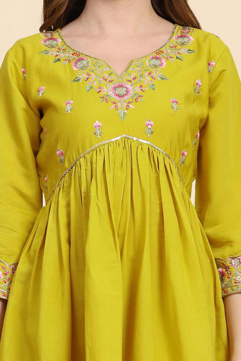Yellow Satin Silk Embroidery Salwar Suit Set with Floral Printed Dupatta For Women's