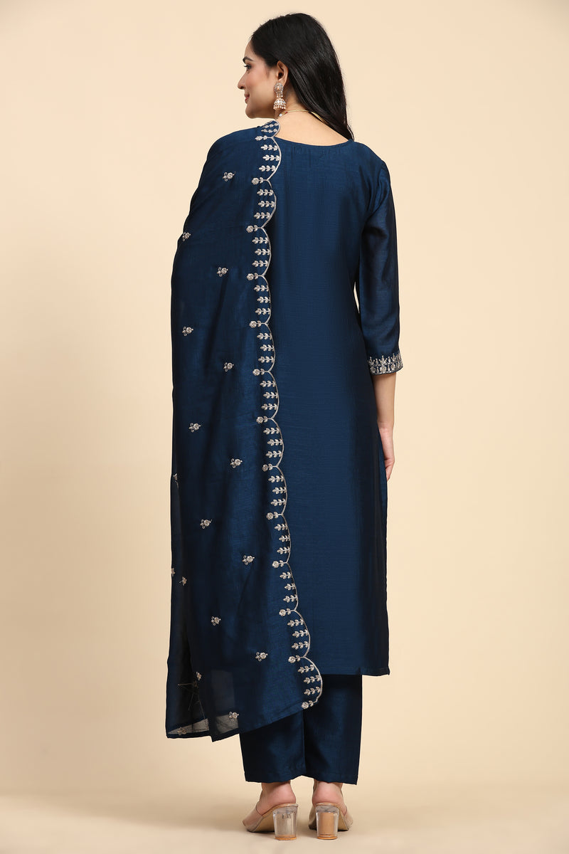 Blue Vichitra Silk Embroidery Salwar Suit Set with Dupatta Kurta Set for Women's