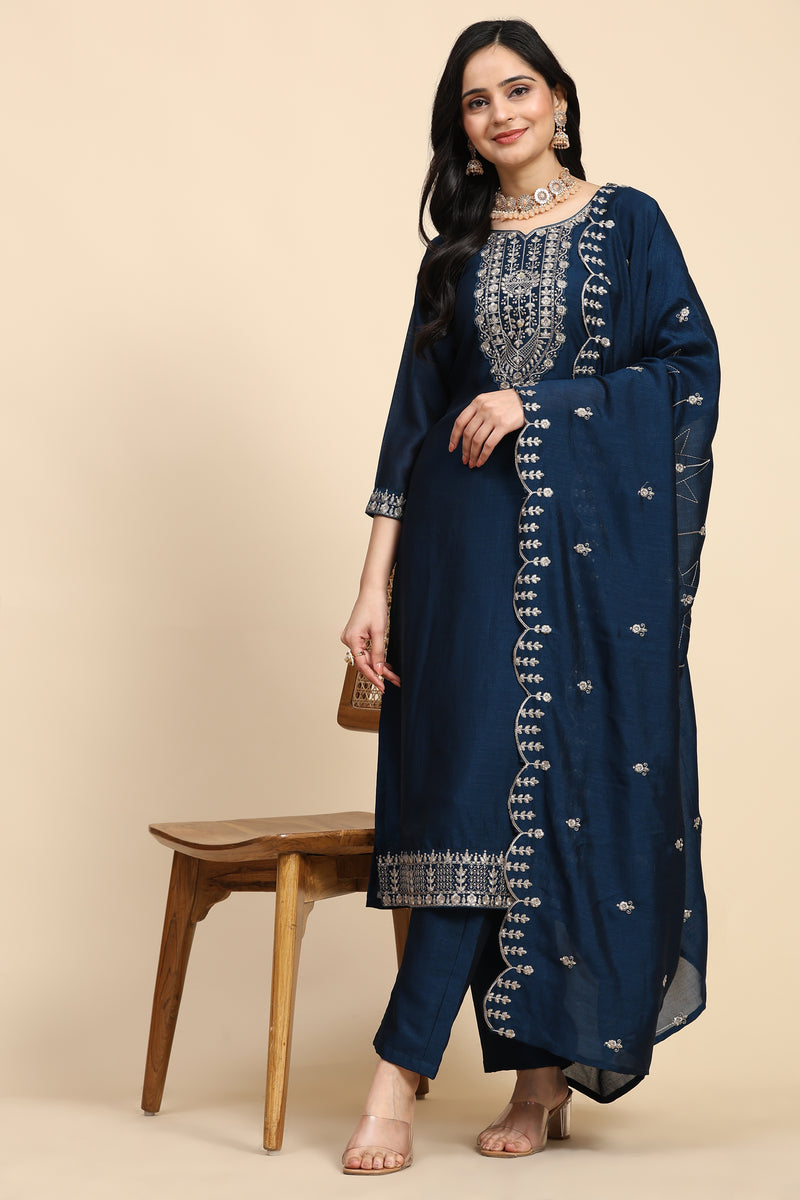 Blue Vichitra Silk Embroidery Salwar Suit Set with Dupatta Kurta Set for Women's