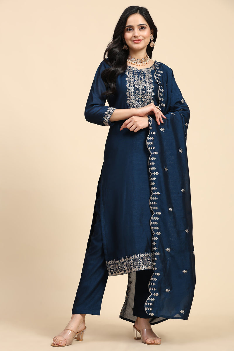 Blue Vichitra Silk Embroidery Salwar Suit Set with Dupatta Kurta Set for Women's
