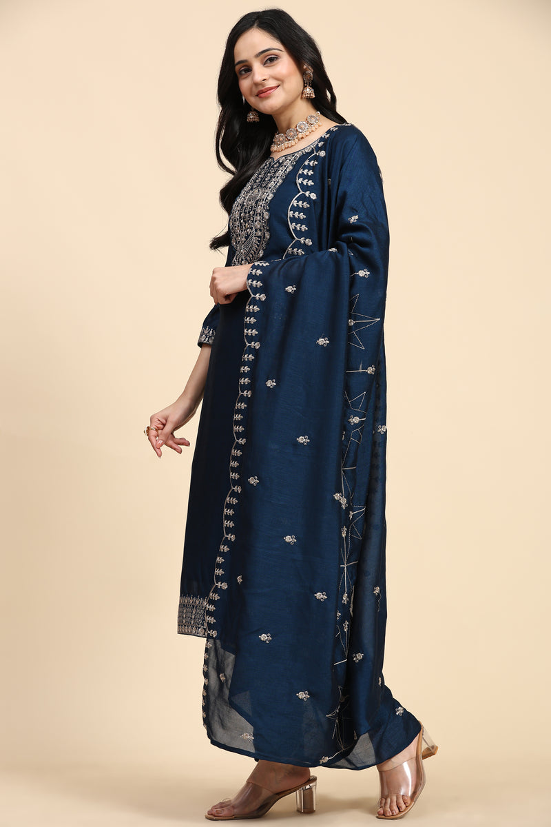 Blue Vichitra Silk Embroidery Salwar Suit Set with Dupatta Kurta Set for Women's