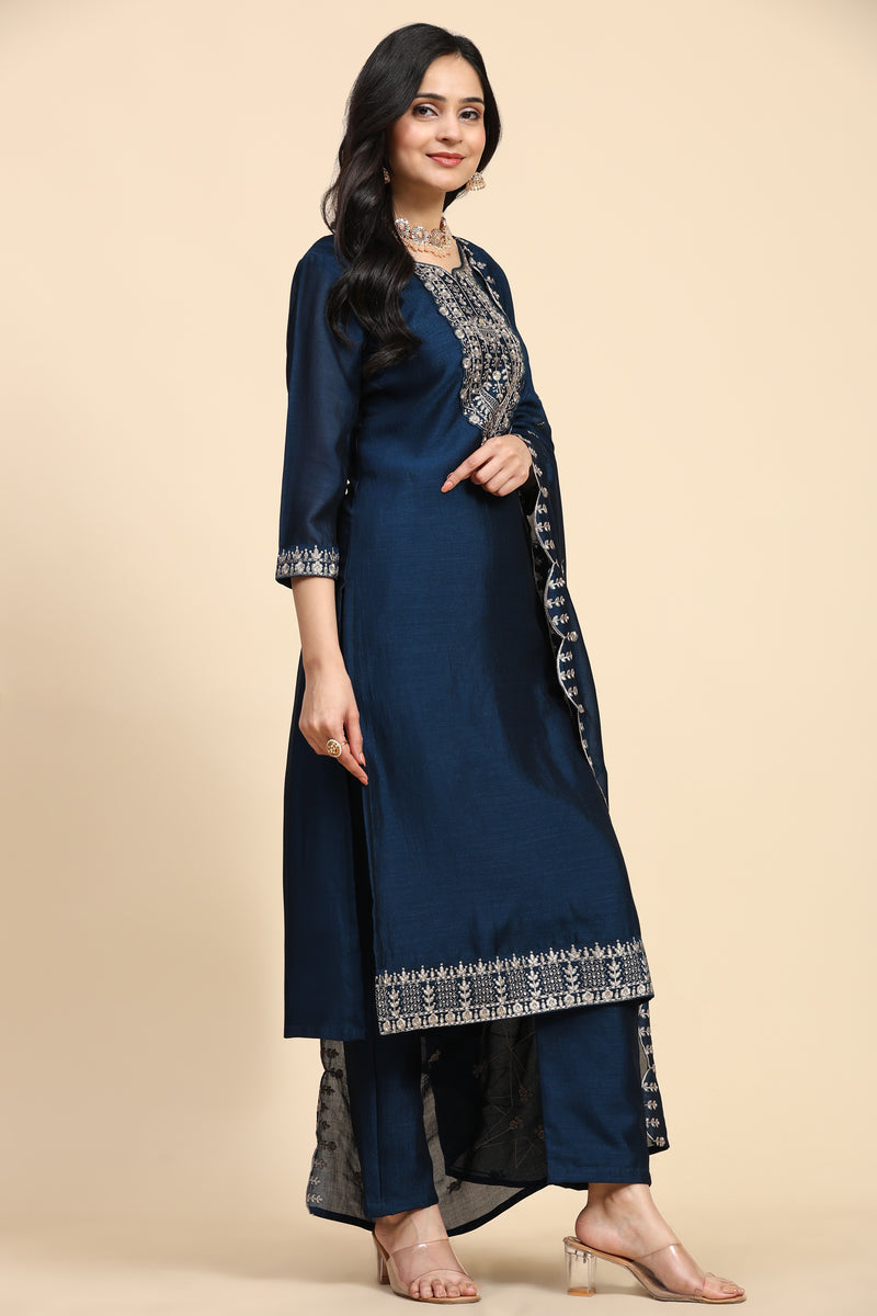 Blue Vichitra Silk Embroidery Salwar Suit Set with Dupatta Kurta Set for Women's