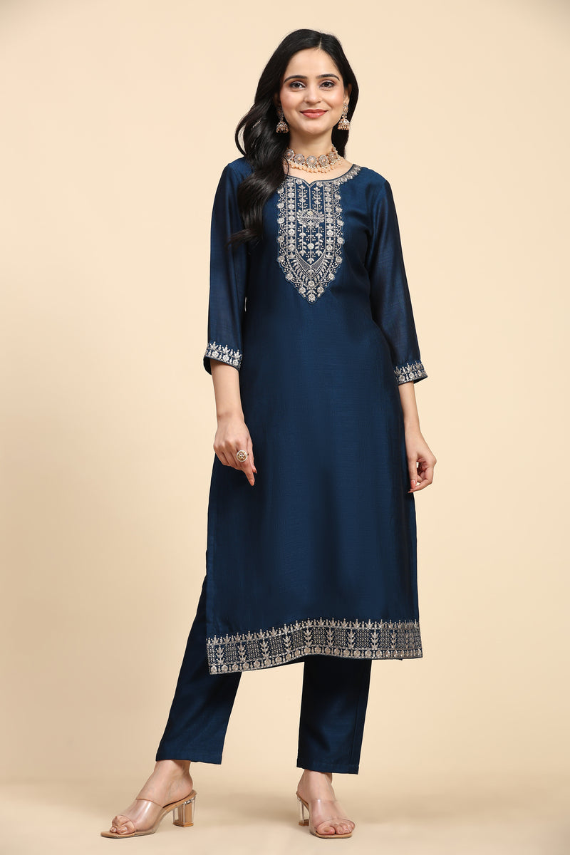 Blue Vichitra Silk Embroidery Salwar Suit Set with Dupatta Kurta Set for Women's