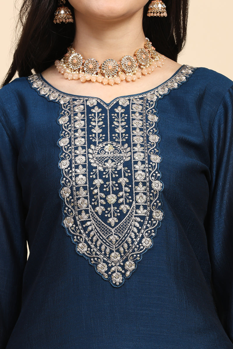 Blue Vichitra Silk Embroidery Salwar Suit Set with Dupatta Kurta Set for Women's