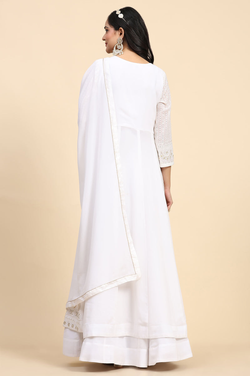 White  Georgette Embroidery Anarklai Suit Set Kurta Lehenga with Dupatta Kurta Set for Women's