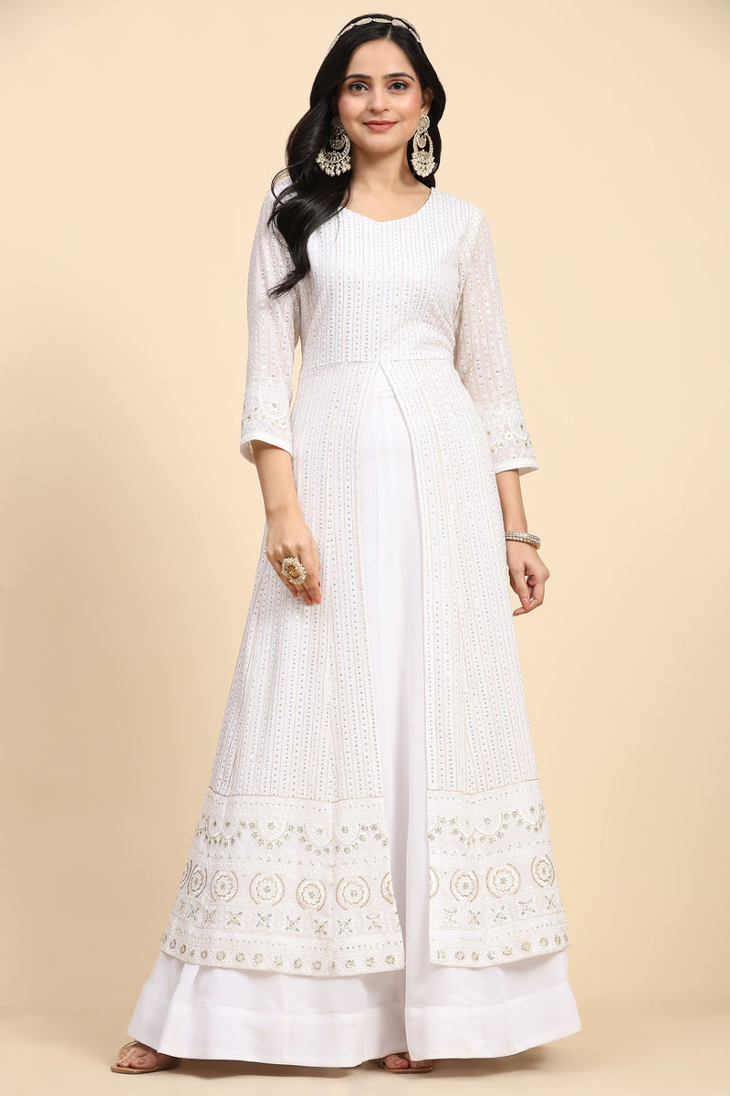 White  Georgette Embroidery Anarklai Suit Set Kurta Lehenga with Dupatta Kurta Set for Women's