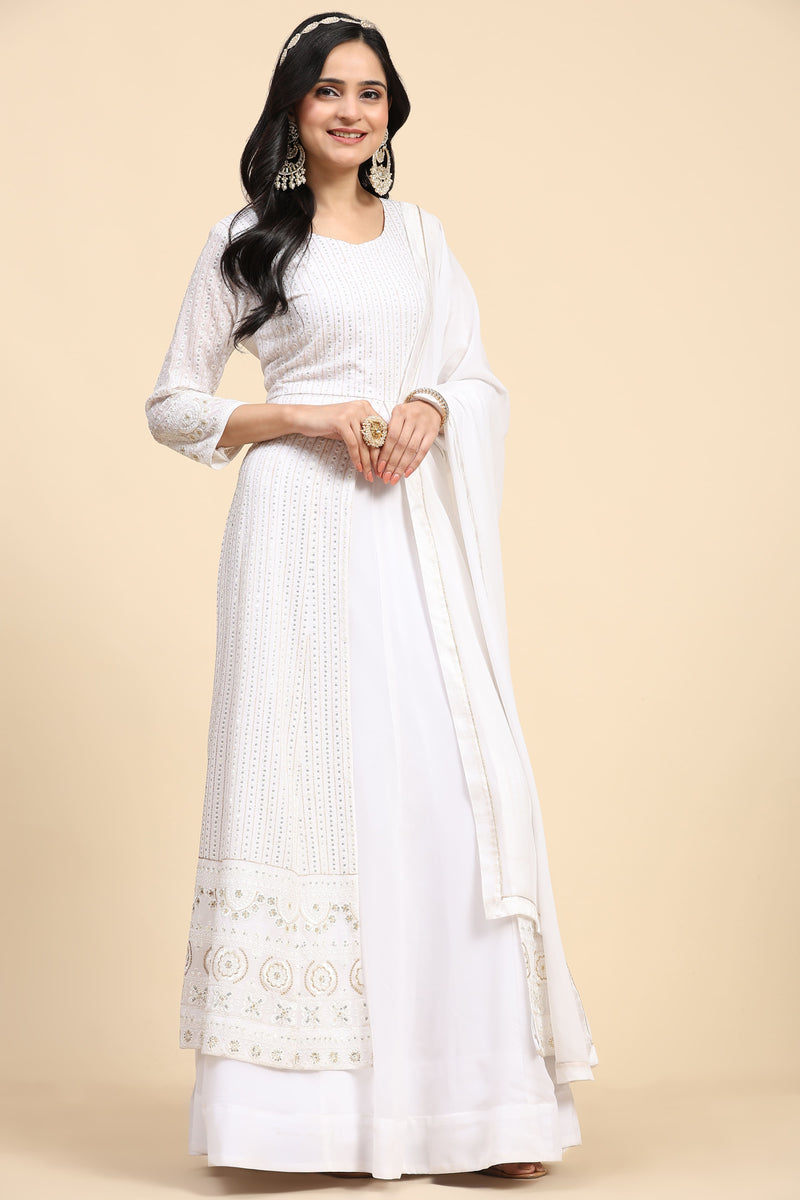 White  Georgette Embroidery Anarklai Suit Set Kurta Lehenga with Dupatta Kurta Set for Women's