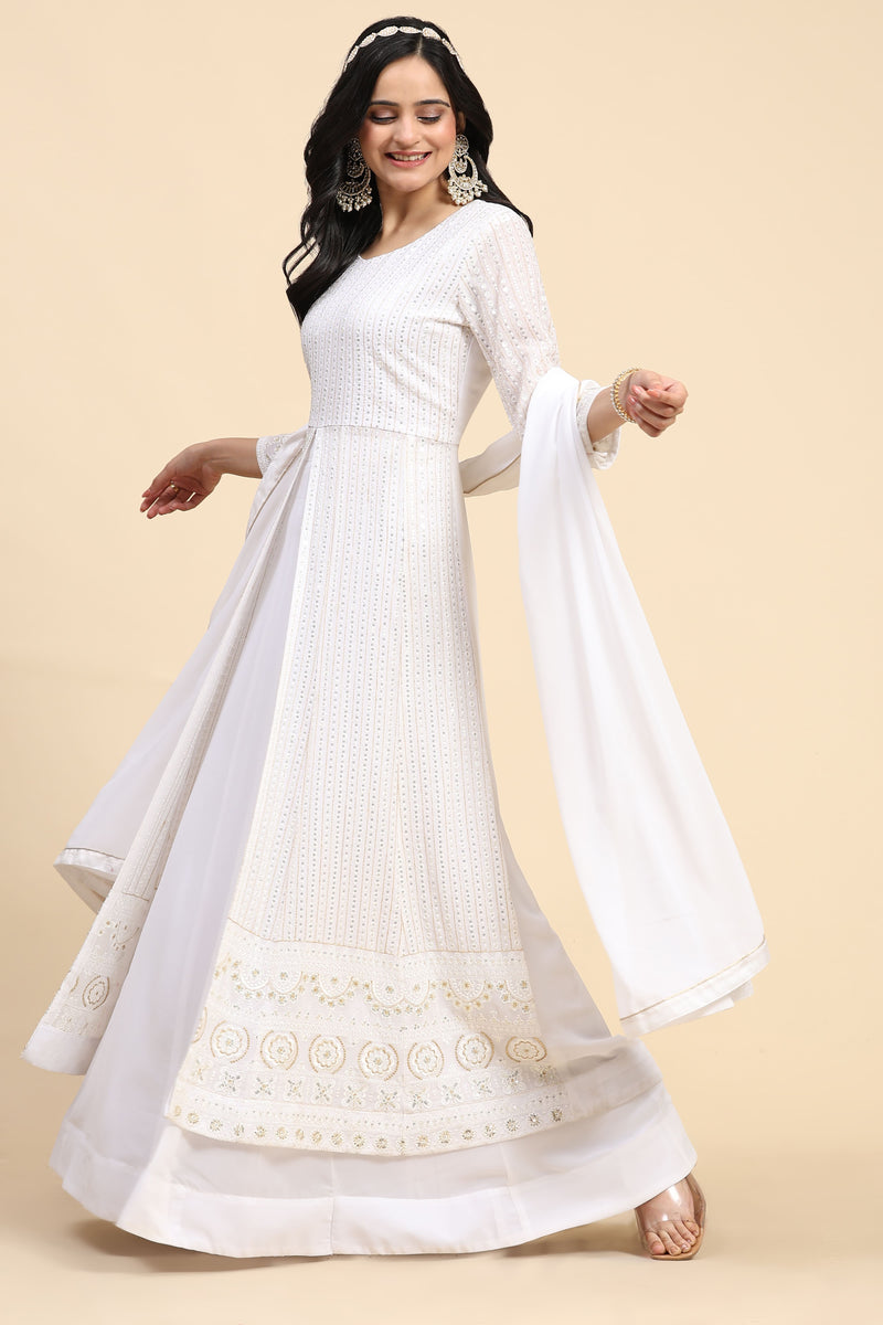 White  Georgette Embroidery Anarklai Suit Set Kurta Lehenga with Dupatta Kurta Set for Women's