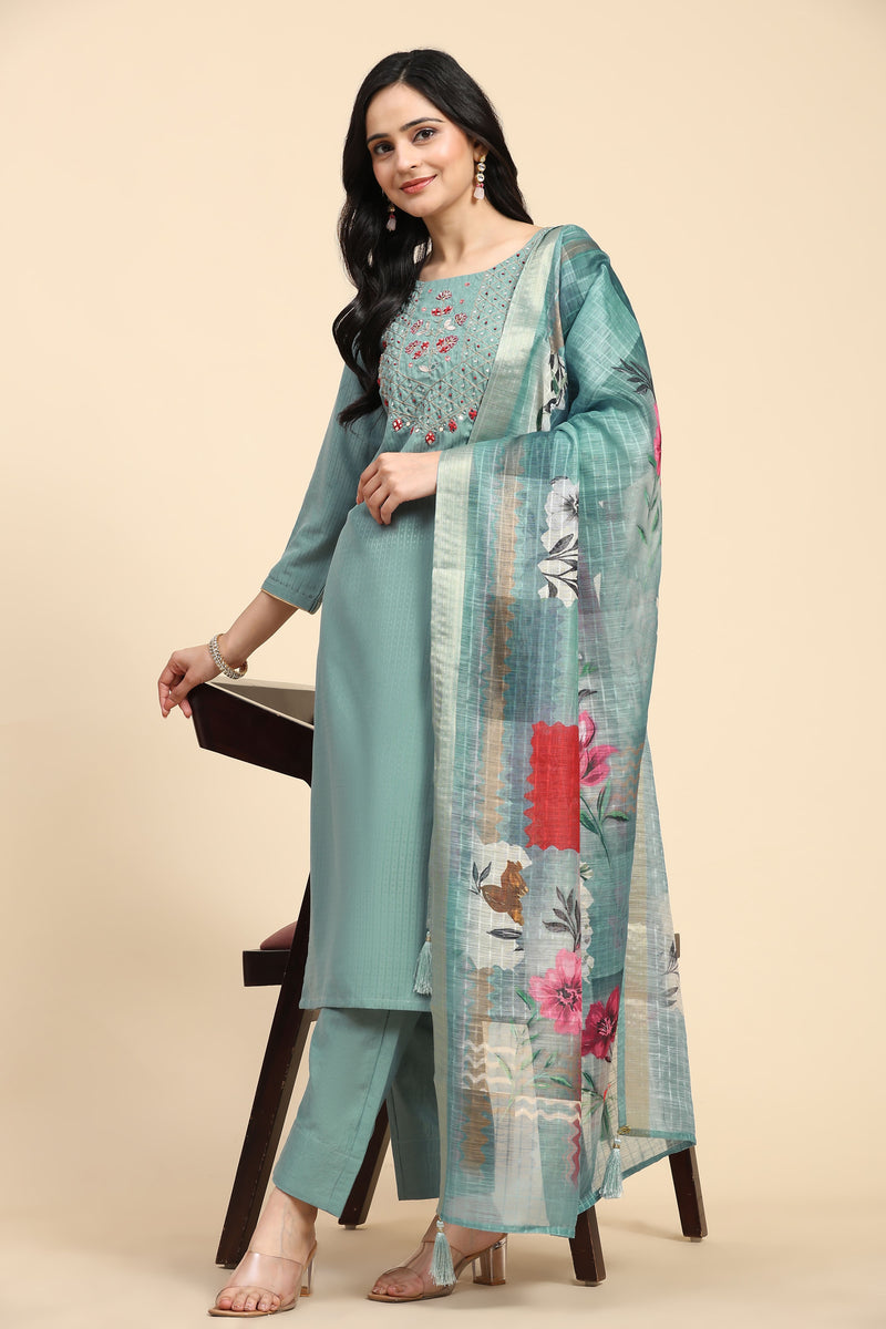 LightGreen Cotton Hand work Salwar Suit Set with Printed Dupatta  for Women's