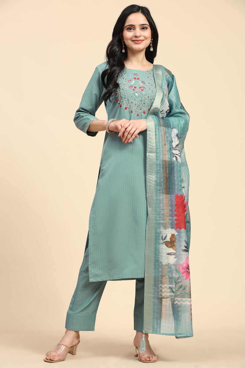 LightGreen Cotton Hand work Salwar Suit Set with Printed Dupatta  for Women's