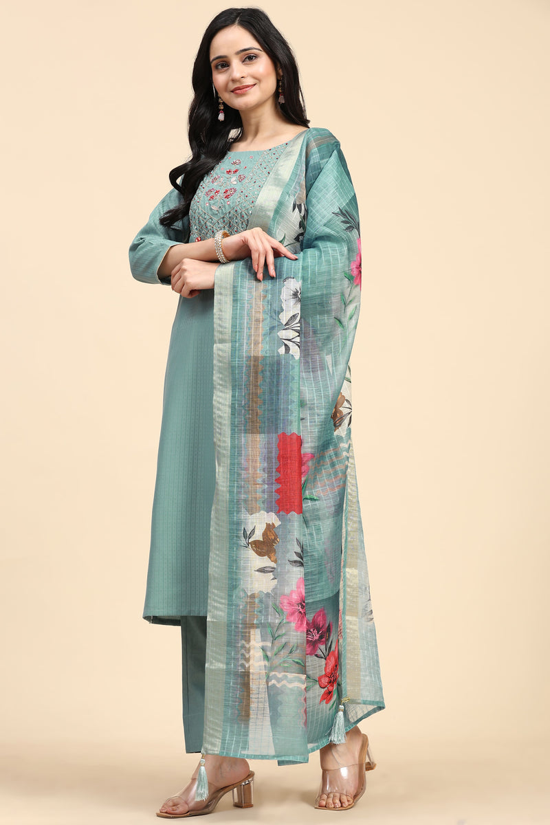 LightGreen Cotton Hand work Salwar Suit Set with Printed Dupatta  for Women's