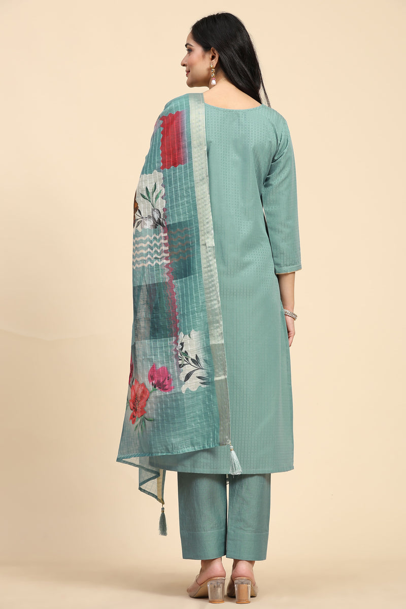 LightGreen Cotton Hand work Salwar Suit Set with Printed Dupatta  for Women's