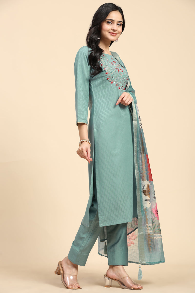 LightGreen Cotton Hand work Salwar Suit Set with Printed Dupatta  for Women's