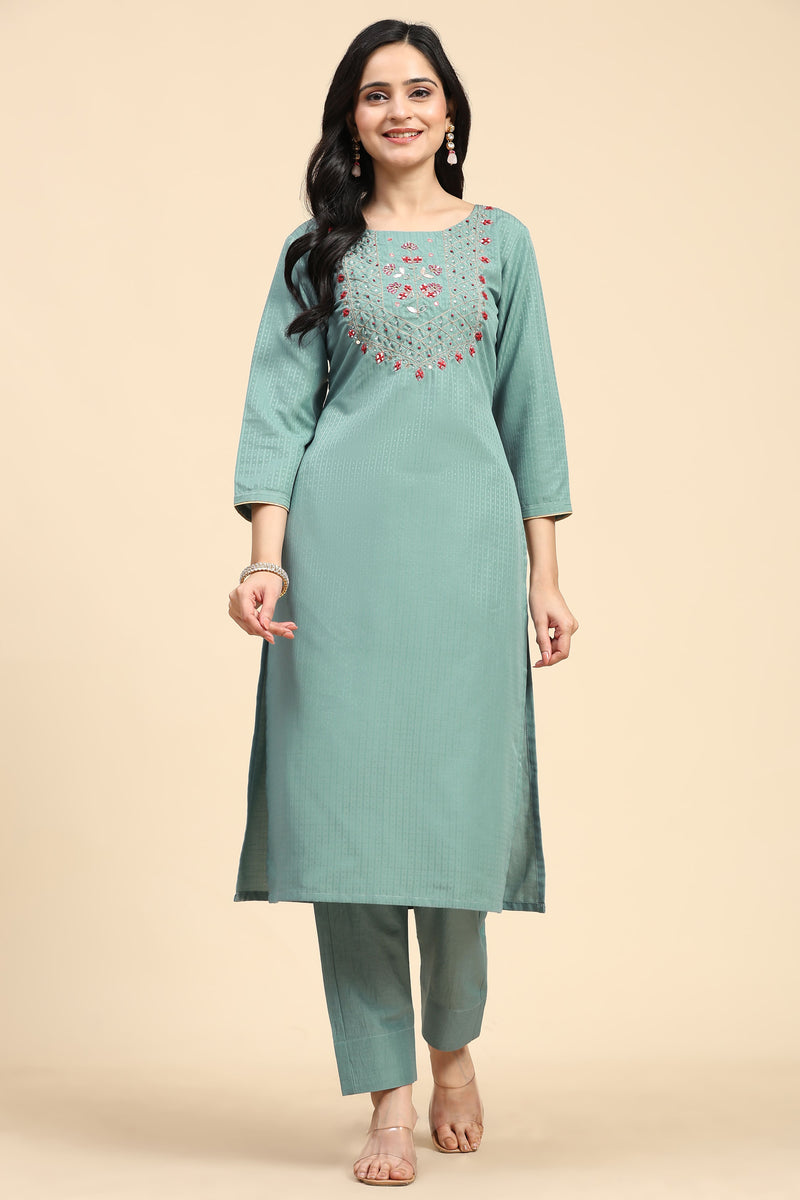 LightGreen Cotton Hand work Salwar Suit Set with Printed Dupatta  for Women's