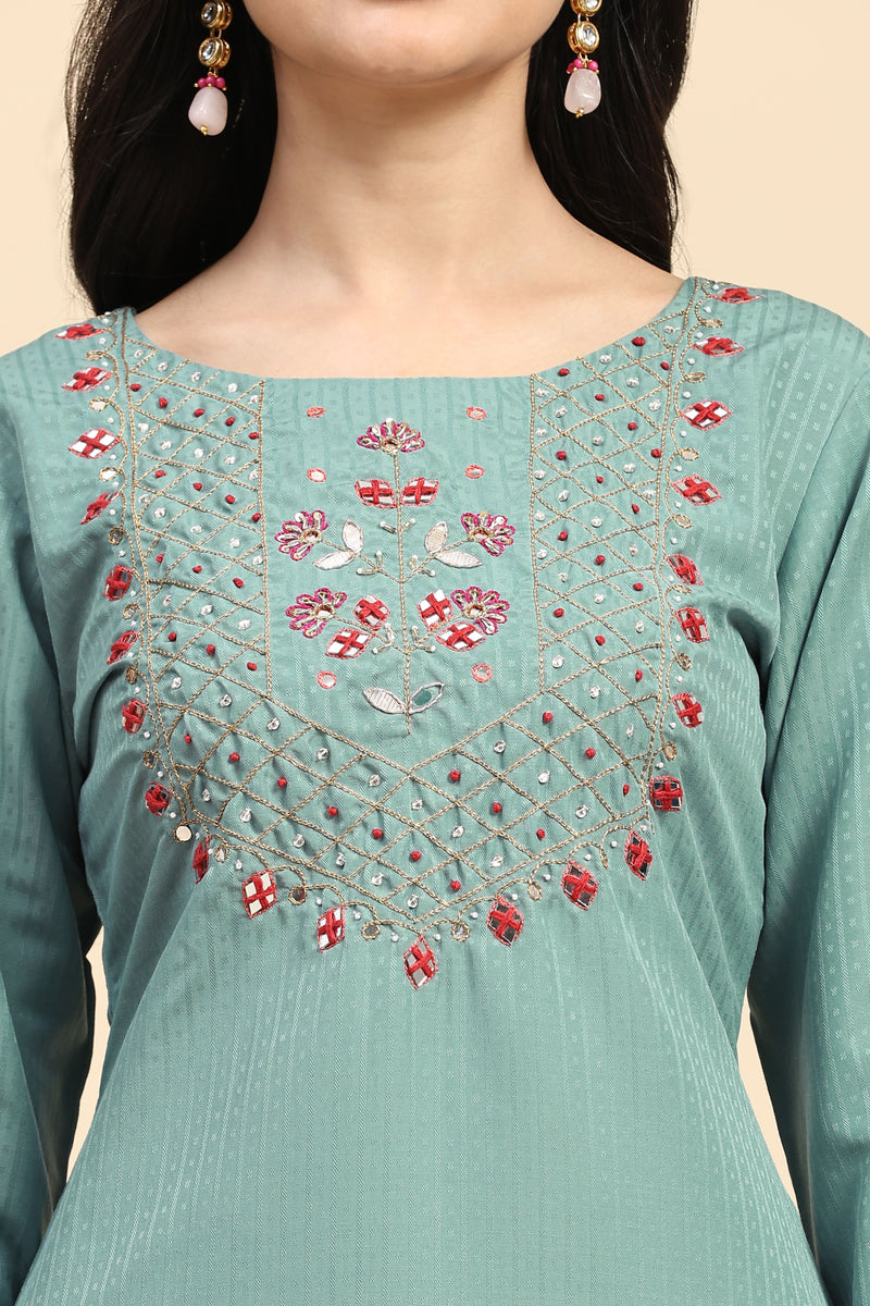 LightGreen Cotton Hand work Salwar Suit Set with Printed Dupatta  for Women's
