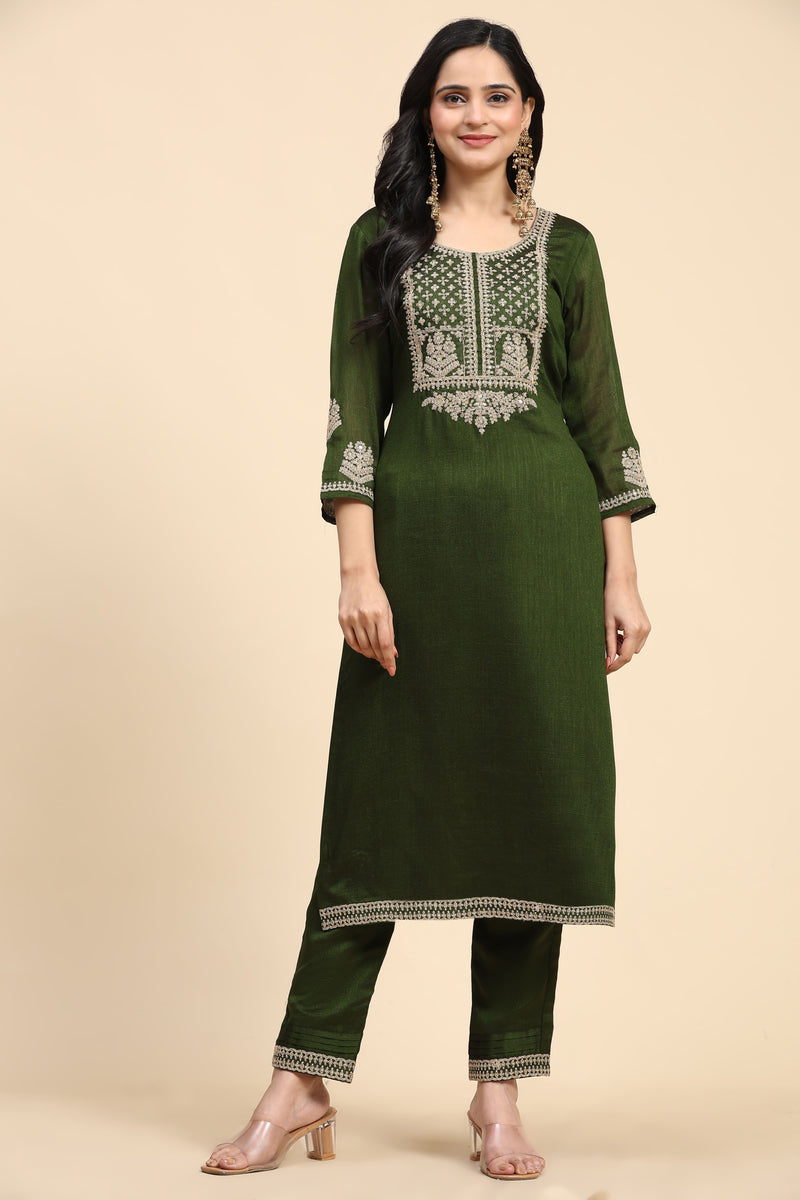 Green Vichitra Silk Embroidery Salwar Suit Set with Dupatta for Women's