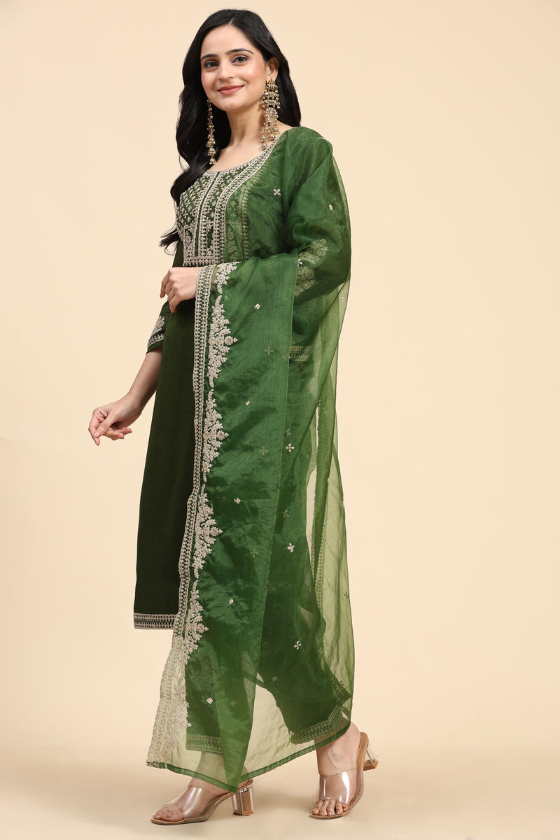 Green Vichitra Silk Embroidery Salwar Suit Set with Dupatta for Women's