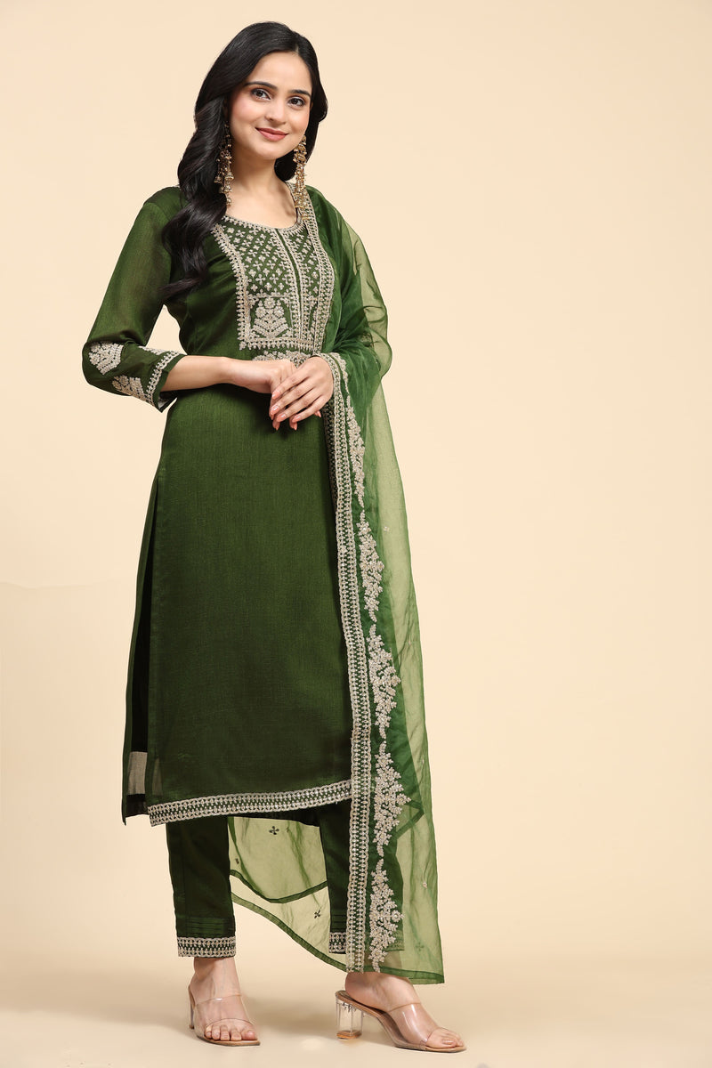 Green Vichitra Silk Embroidery Salwar Suit Set with Dupatta for Women's