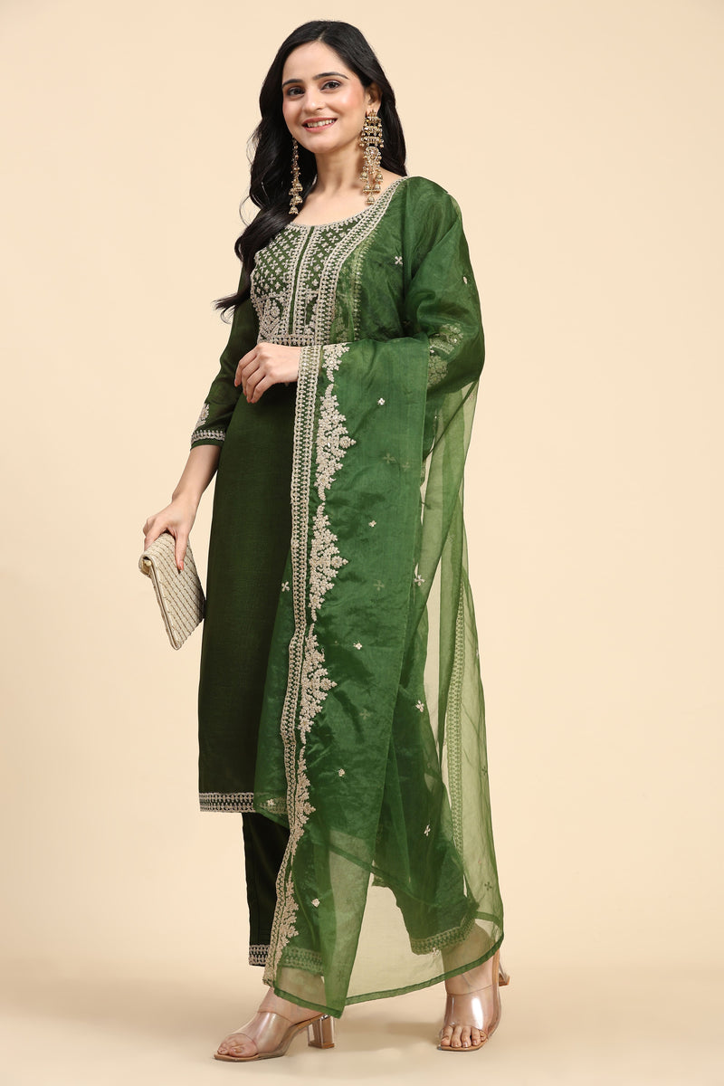 Green Vichitra Silk Embroidery Salwar Suit Set with Dupatta for Women's