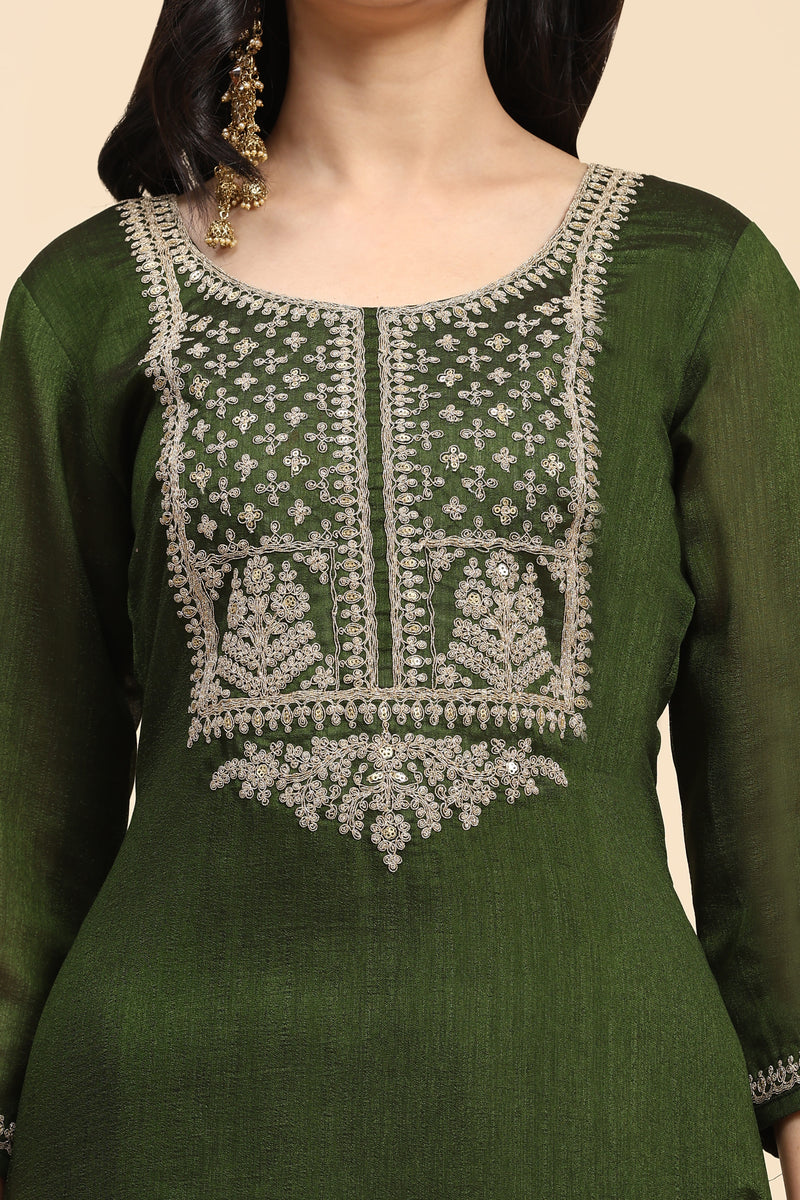 Green Vichitra Silk Embroidery Salwar Suit Set with Dupatta for Women's