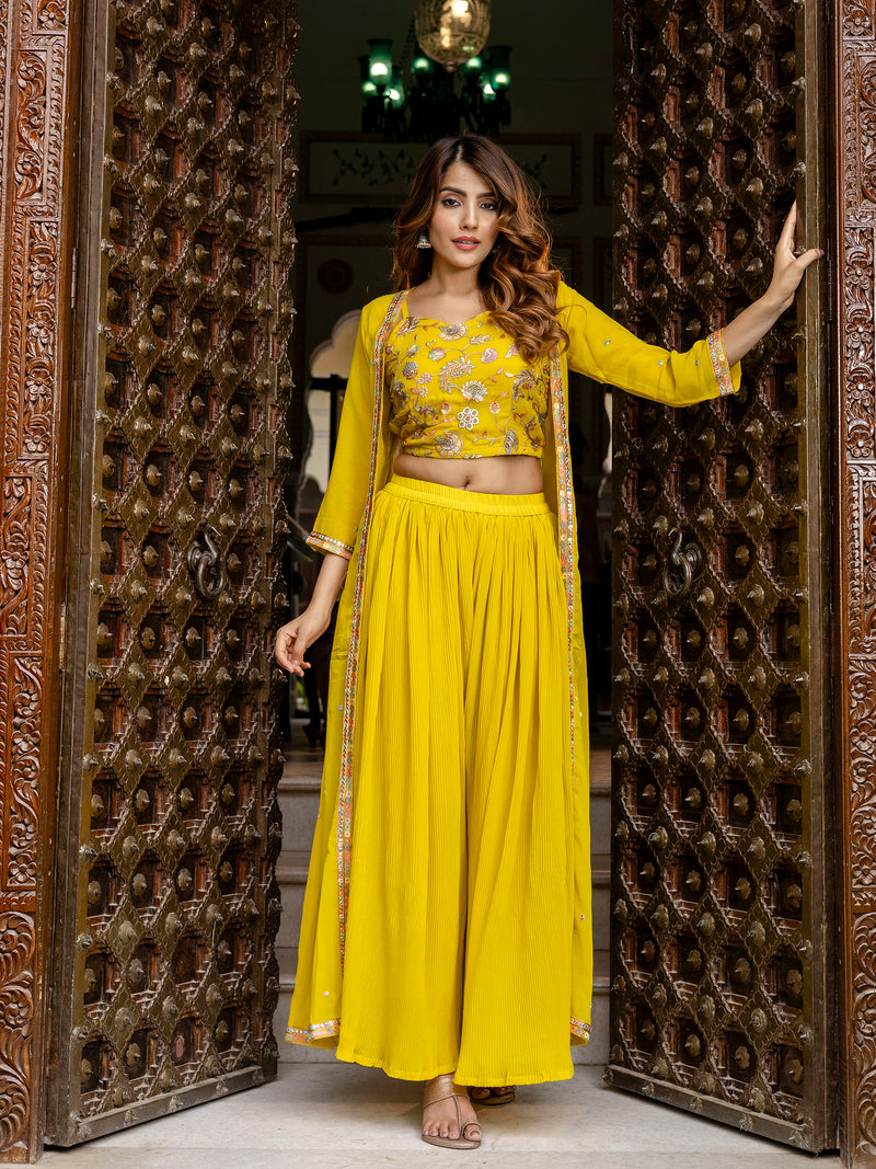 Women's Georgette Embroidery Crop Top with Flared Pleated Palazzo and Shrug Set