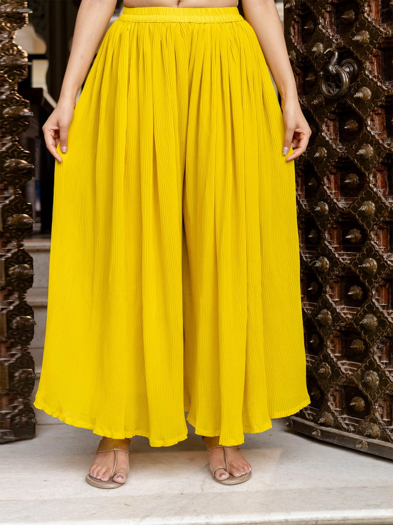 Women's Georgette Embroidery Crop Top with Flared Pleated Palazzo and Shrug Set