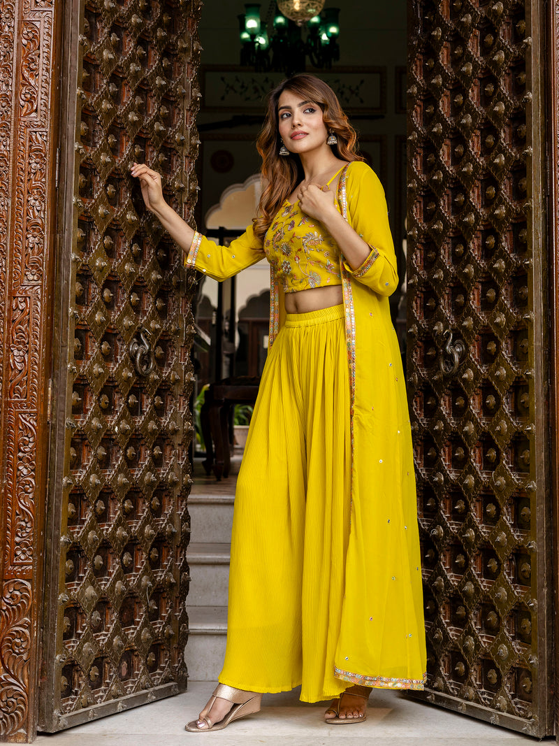 Women's Georgette Embroidery Crop Top with Flared Pleated Palazzo and Shrug Set