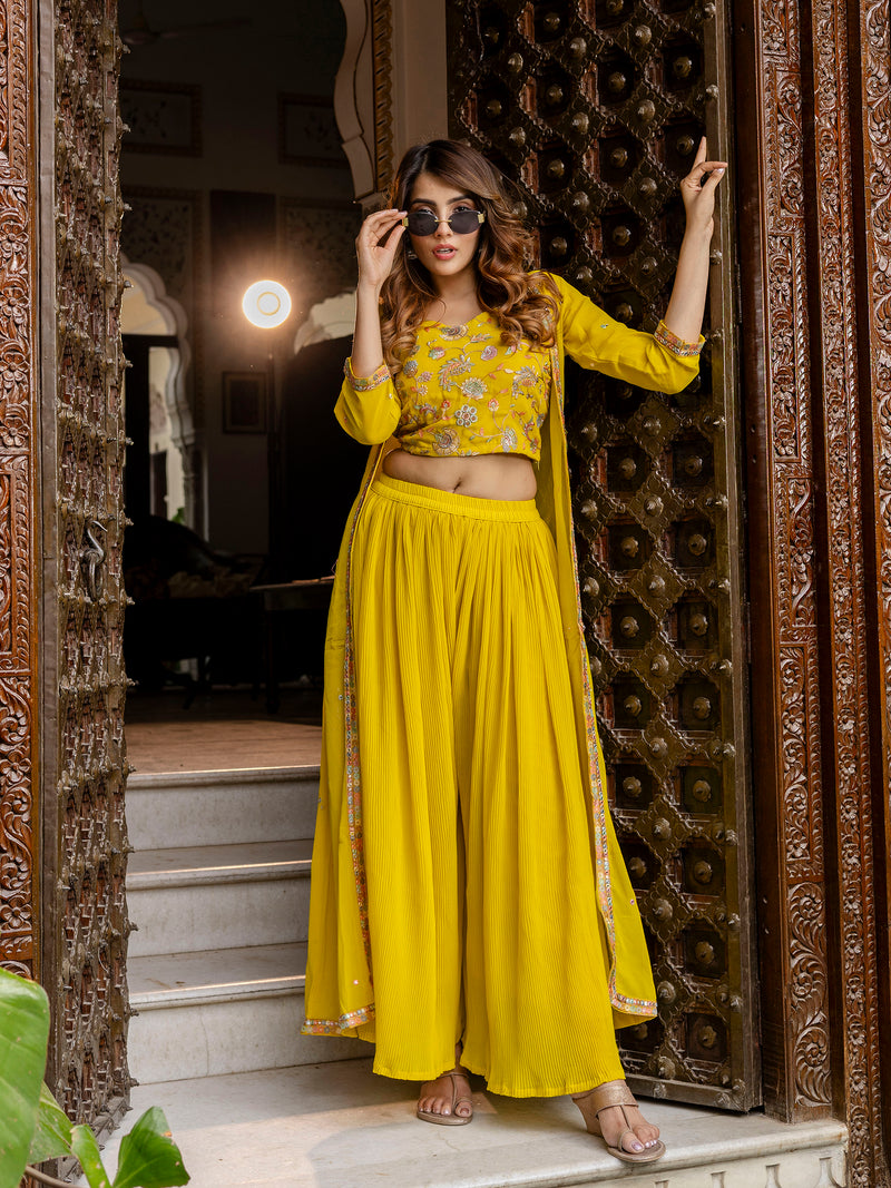 Women's Georgette Embroidery Crop Top with Flared Pleated Palazzo and Shrug Set