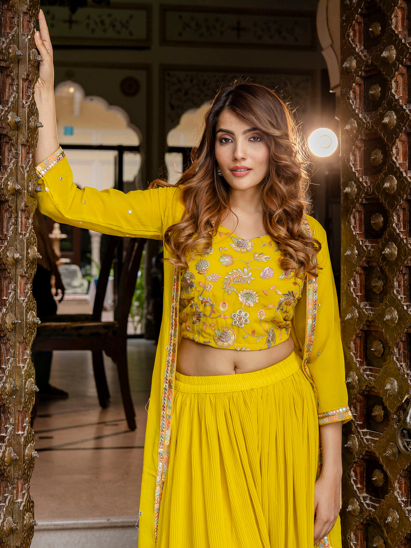 Women's Georgette Embroidery Crop Top with Flared Pleated Palazzo and Shrug Set
