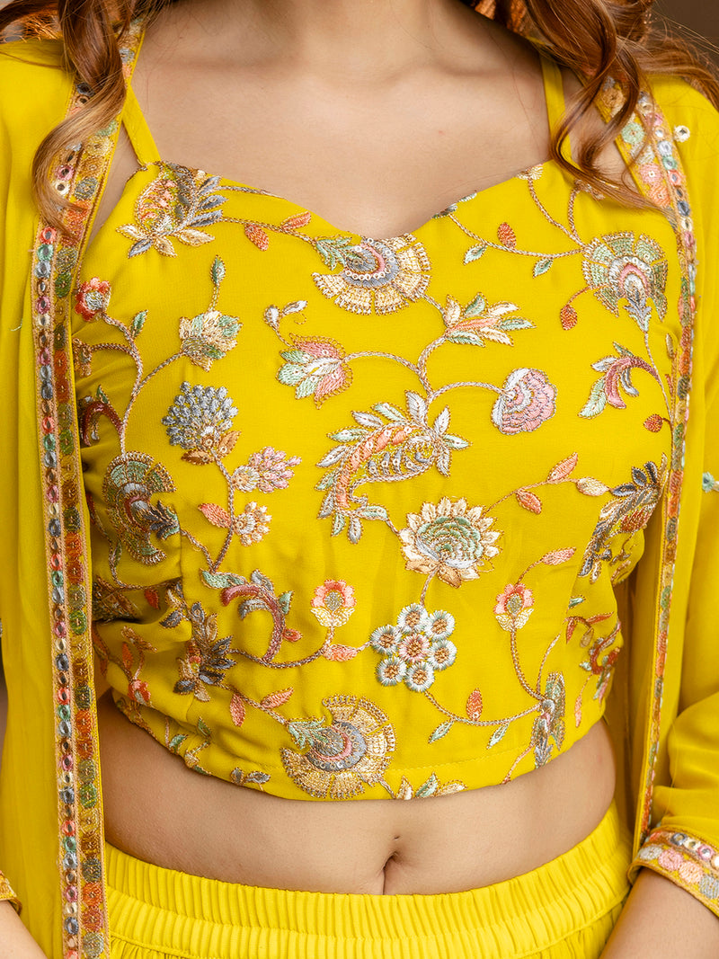 Women's Georgette Embroidery Crop Top with Flared Pleated Palazzo and Shrug Set