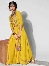 Women's Georgette Embroidery Crop Top with Flared Pleated Palazzo and Shrug Set