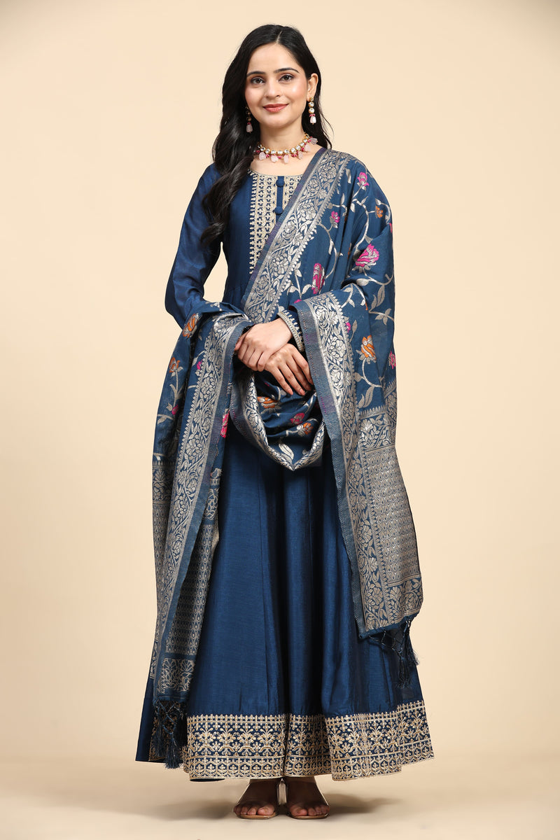Morpeach Vichitra Silk Anarkali Salwar Suit Set with Jacquard Dupatta for Women's