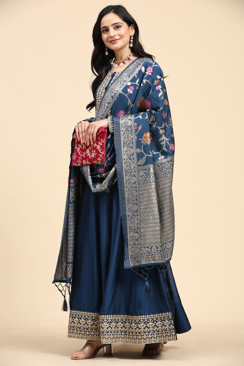 Morpeach Vichitra Silk Anarkali Salwar Suit Set with Jacquard Dupatta for Women's