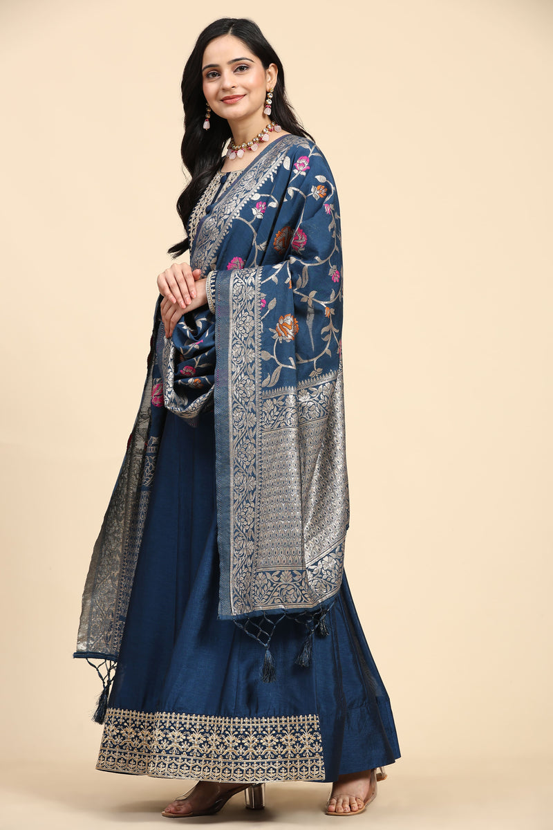 Morpeach Vichitra Silk Anarkali Salwar Suit Set with Jacquard Dupatta for Women's