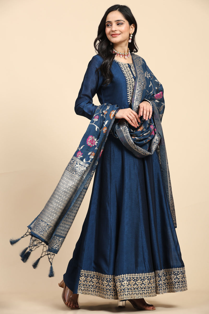 Morpeach Vichitra Silk Anarkali Salwar Suit Set with Jacquard Dupatta for Women's