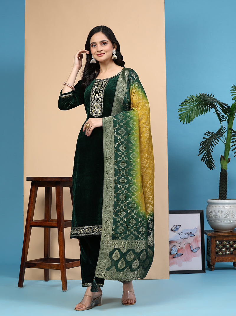 Green Velvet Embroidery Salwar Suit Set with Dupatta For Women's