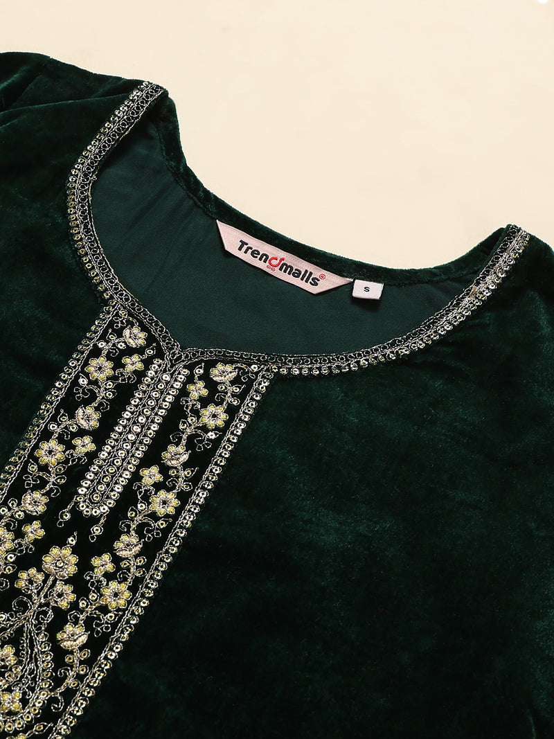 Green Velvet Embroidery Salwar Suit Set with Dupatta For Women's