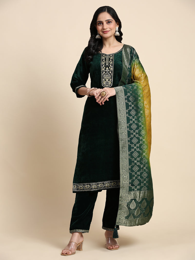 Green Velvet Embroidery Salwar Suit Set with Dupatta For Women's