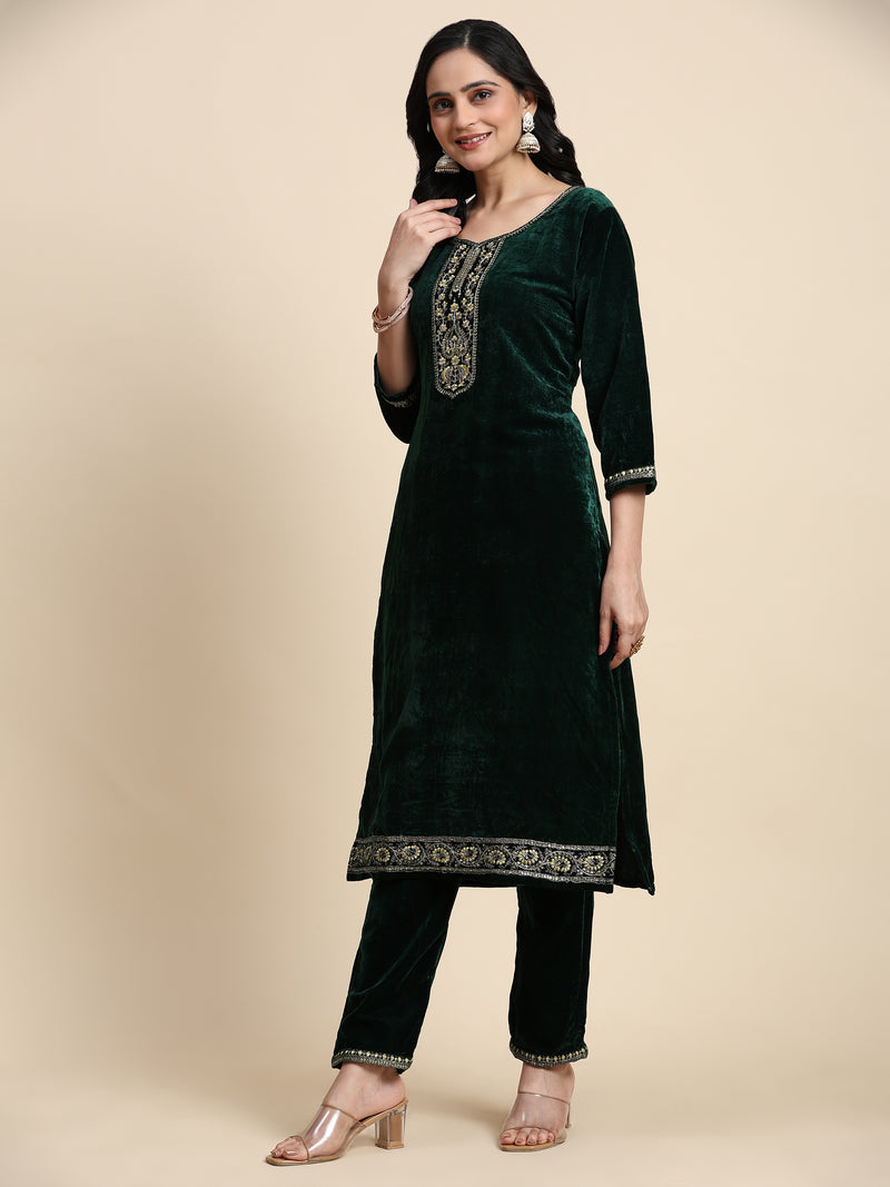 Green Velvet Embroidery Salwar Suit Set with Dupatta For Women's