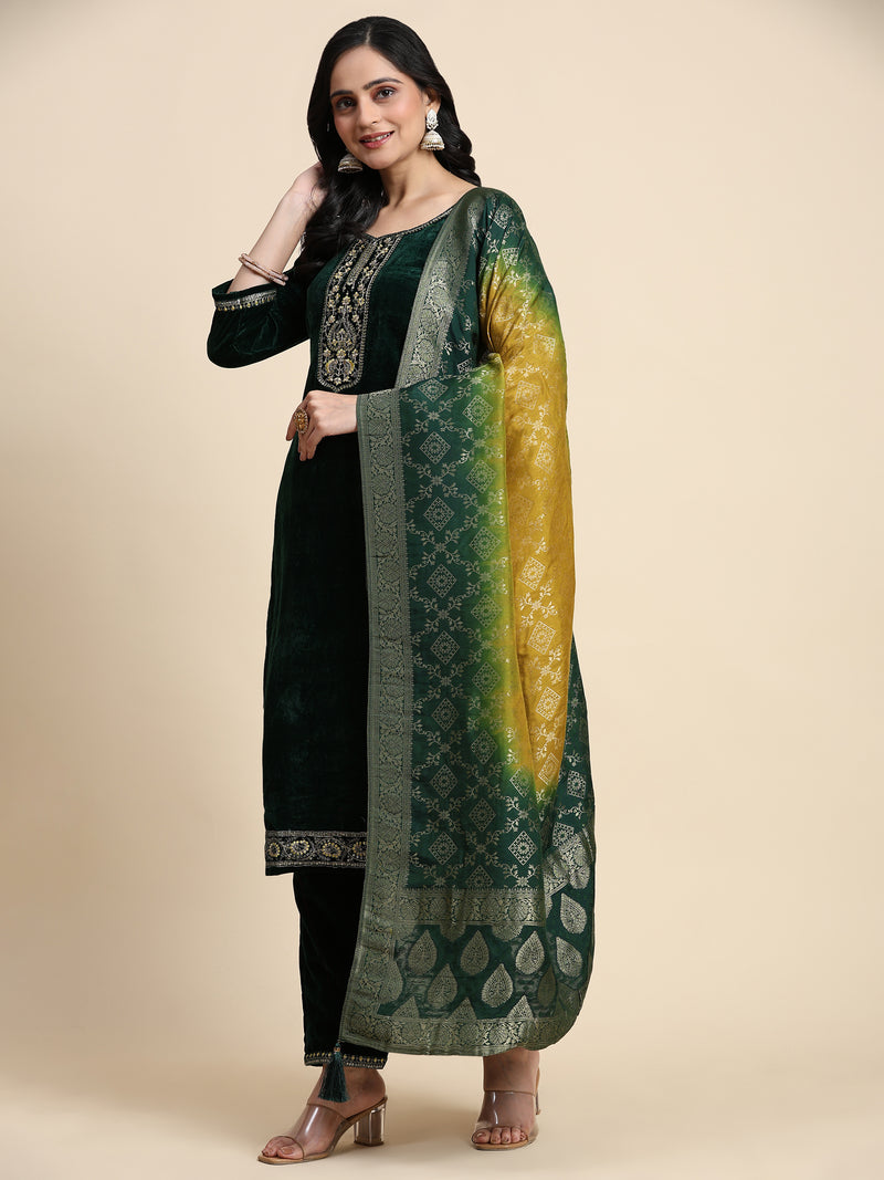 Green Velvet Embroidery Salwar Suit Set with Dupatta For Women's