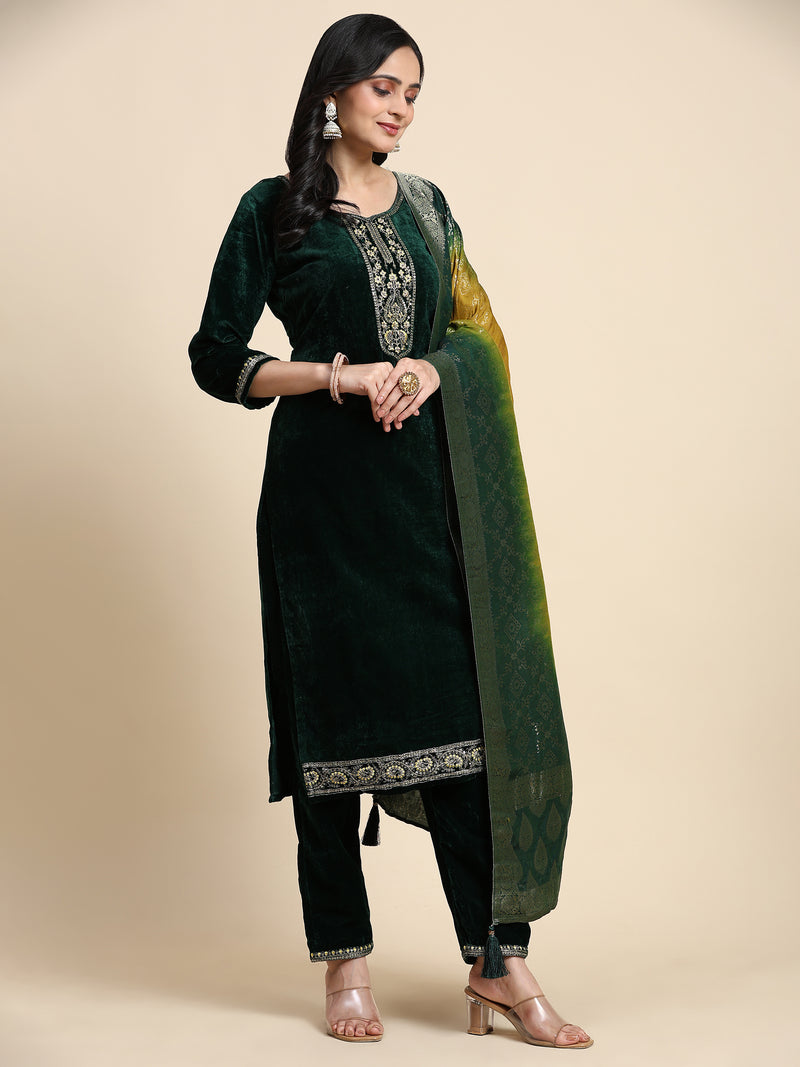 Green Velvet Embroidery Salwar Suit Set with Dupatta For Women's