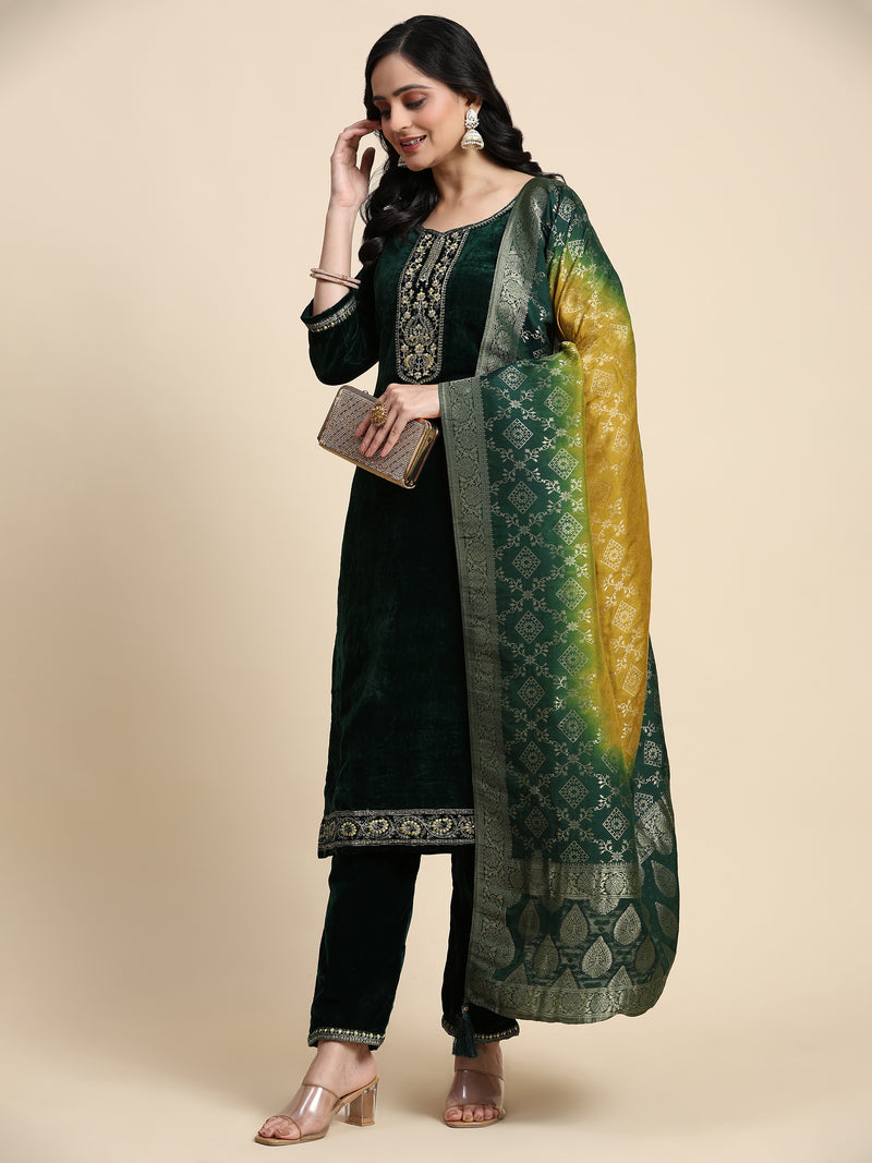 Green Velvet Embroidery Salwar Suit Set with Dupatta For Women's