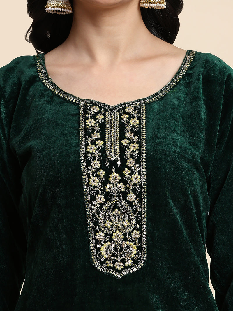 Green Velvet Embroidery Salwar Suit Set with Dupatta For Women's