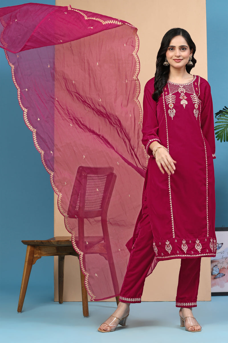 Pink Velvet Embroidery Salwar Suit Set with Dupatta For Women's