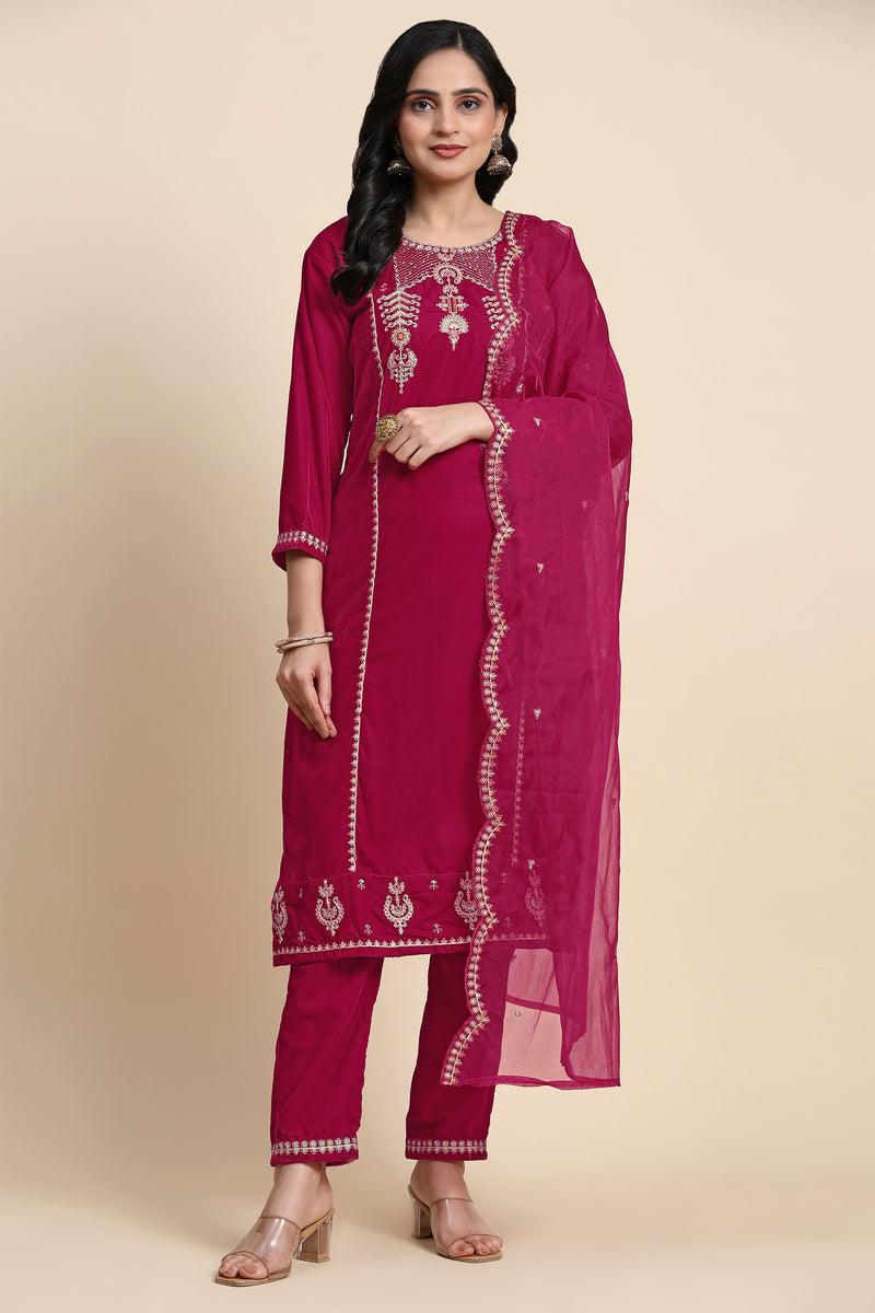 Pink Velvet Embroidery Salwar Suit Set with Dupatta For Women's