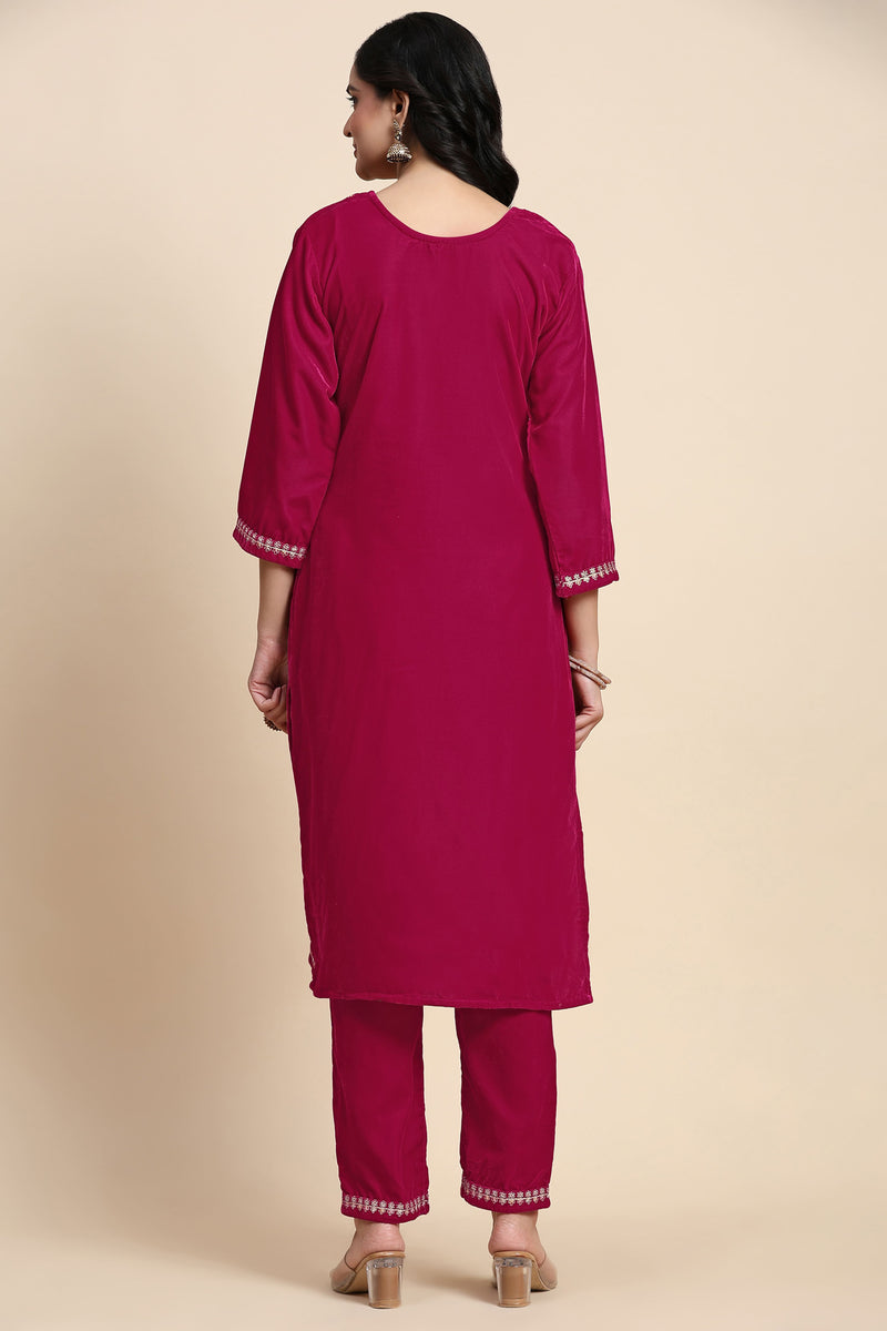 Pink Velvet Embroidery Salwar Suit Set with Dupatta For Women's