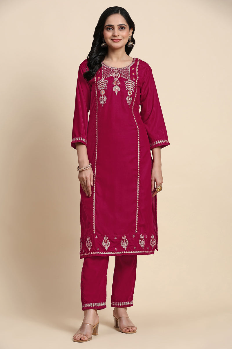 Pink Velvet Embroidery Salwar Suit Set with Dupatta For Women's