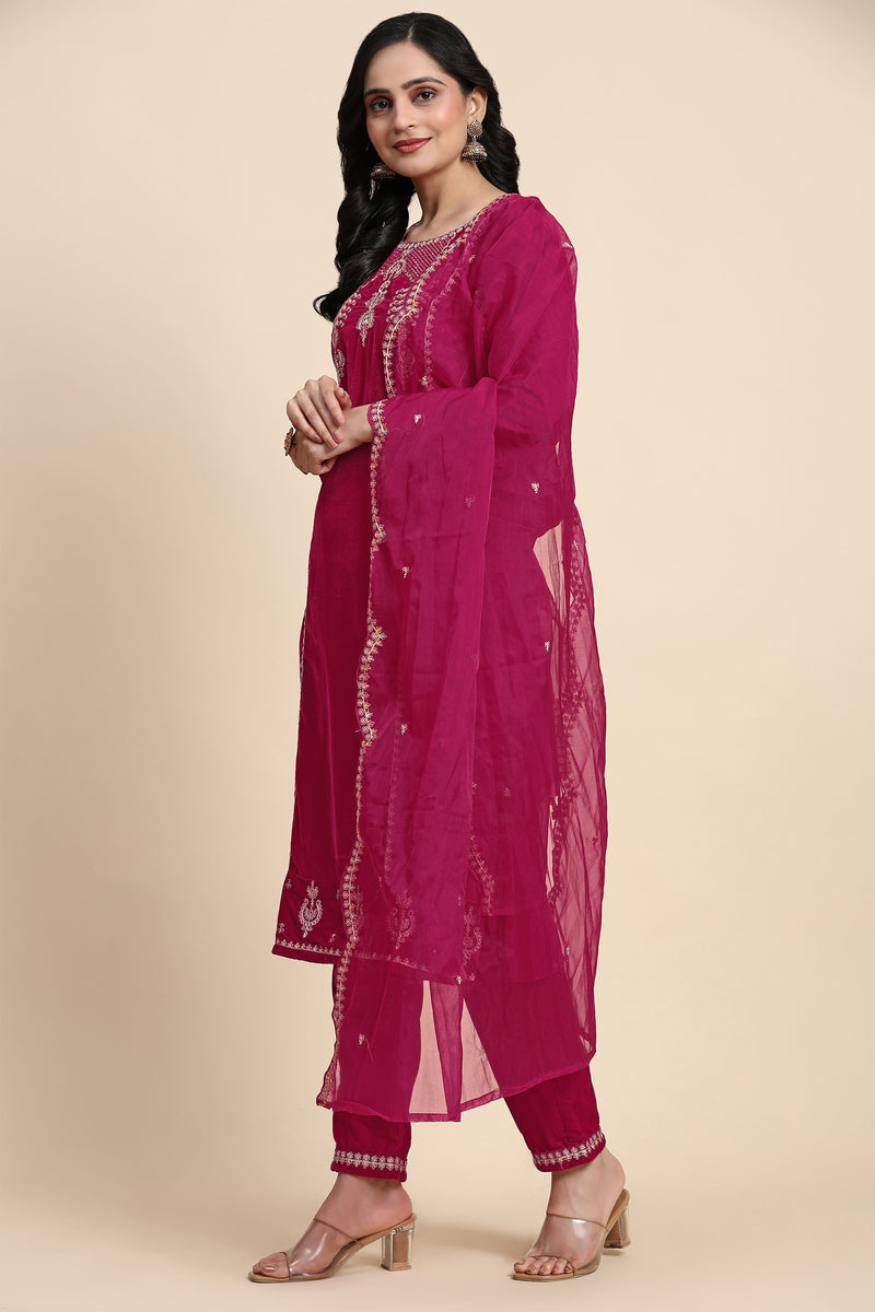 Pink Velvet Embroidery Salwar Suit Set with Dupatta For Women's
