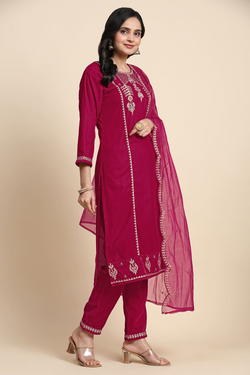 Pink Velvet Embroidery Salwar Suit Set with Dupatta For Women's