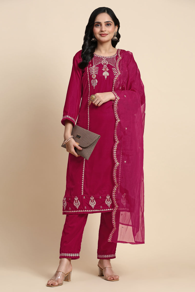Pink Velvet Embroidery Salwar Suit Set with Dupatta For Women's